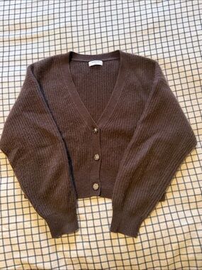 Babaton Chocolate Brown V-Neck Button-Front Cropped Cardigan